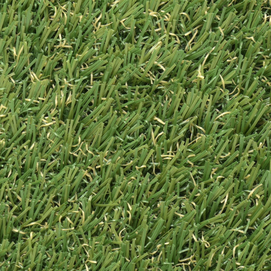 Kunstgrasfläche mit dichten, grünen Halmen, die eine naturgetreue Rasenoptik imitieren, geeignet für Bodenbeläge in Gärten oder Sportbereichen.