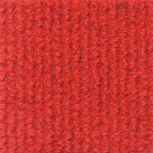 Roter Teppichboden mit deutlich sichtbarer Rippstruktur. Die Textur wirkt flauschig und gleichmässig, ideal für Messeböden oder gemütliche Wohnräume.